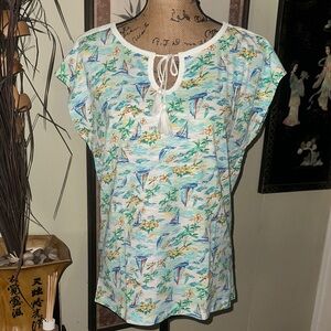 Caribbean Joe Blue and Green Tropical Print Blouse